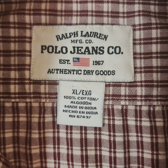 Vintage Men's XL Ralph Lauren Polo Jeans Co Button Down Rust Checked Pocket Flag - Picture 3 of 7
